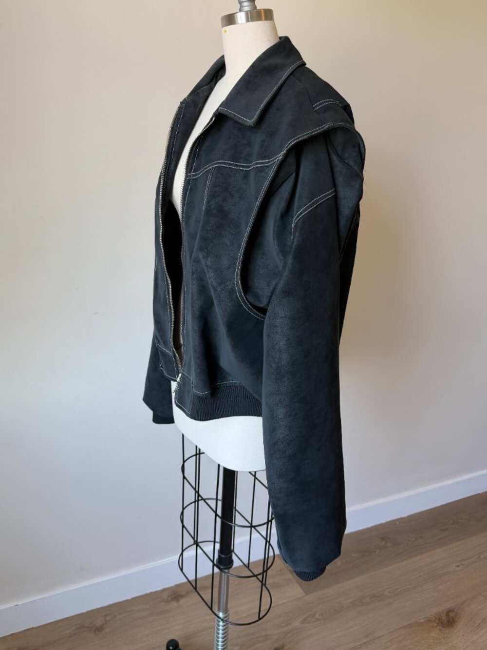 Lioness Vista Bomber Jacket Medium | Black Faux Suede Moto | Contrast Stitch - Picture 4 of 7